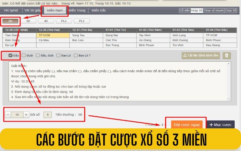 Các bước đặt cược xổ số 3 miền tại xổ số GA888