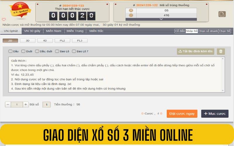 Giao diện xổ số 3 miền chơi online trên GA888