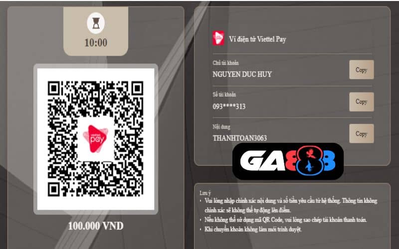 Quét mã QR hoặc sao chép các thông tin để chuyển tiền trên ViettelPay